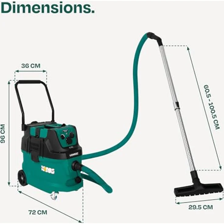 VONROC Nass-Trocken-Sauger M-Klasse, 1600 W mit 22 kPa Saugkraft, automatische Filterreinigung, HEPA H14, 40L Tank, beutellos, antistatischer Schlauch Ø35 mm – Bild 8