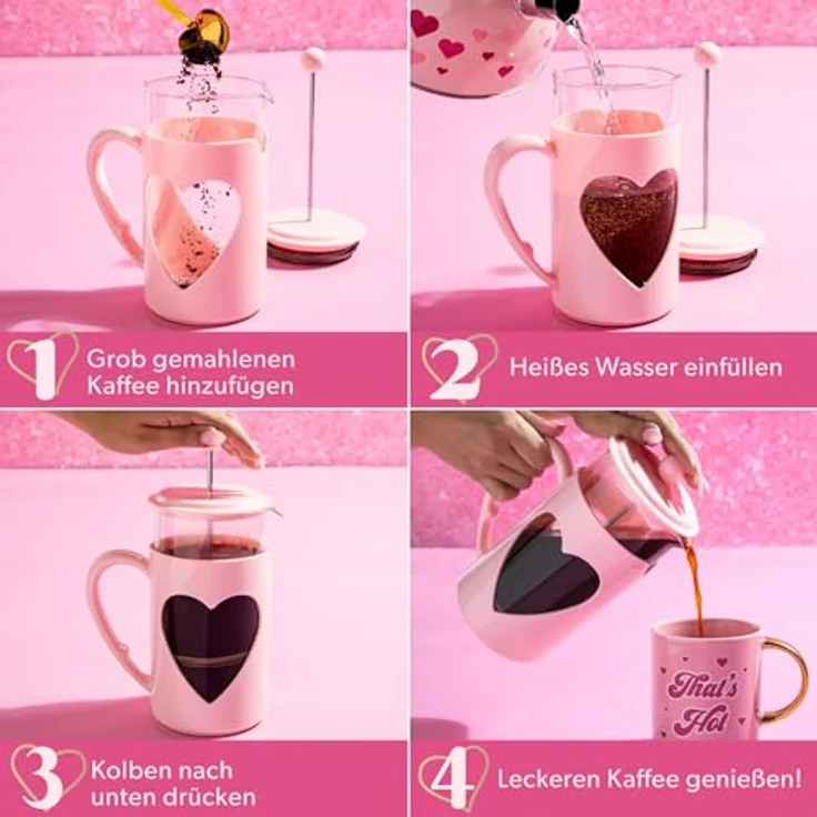 FACKELMANN Paris Hilton – French Press im Herzdesign 1L – Kaffeepresse aus Glas und Kunststoff mit Edelstahlfilter, Cool-Touch-Griff, Tropffrei, Temperaturbeständig, Rot Oder Rosa – Bild 3
