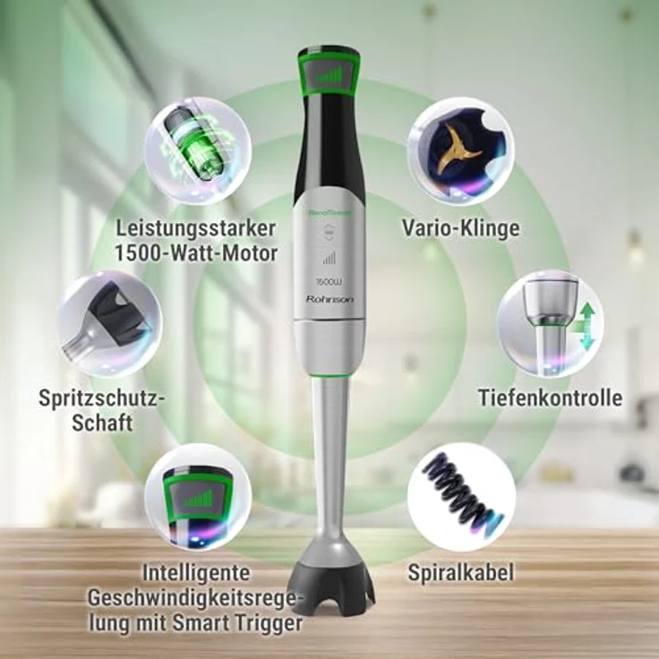Rohnson BlendMaster R-5750, Stabmixer-Set mit Vario-Blade Technologie, 1500 Watt, Schwarz, inkl. Messbecher und Schneebesenaufsatz – Bild 2