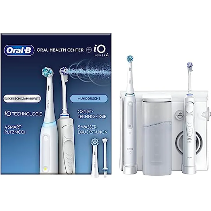 Oral-B iO Series 4 Elektrische Zahnbürste mit OxyJet Munddusche, 2 Aufsteckbürsten, 2 Ersatzdüsen, Set für Zahnreinigung und Zahnpflege, Geschenk Mann/Frau, Designed by Braun, weiß