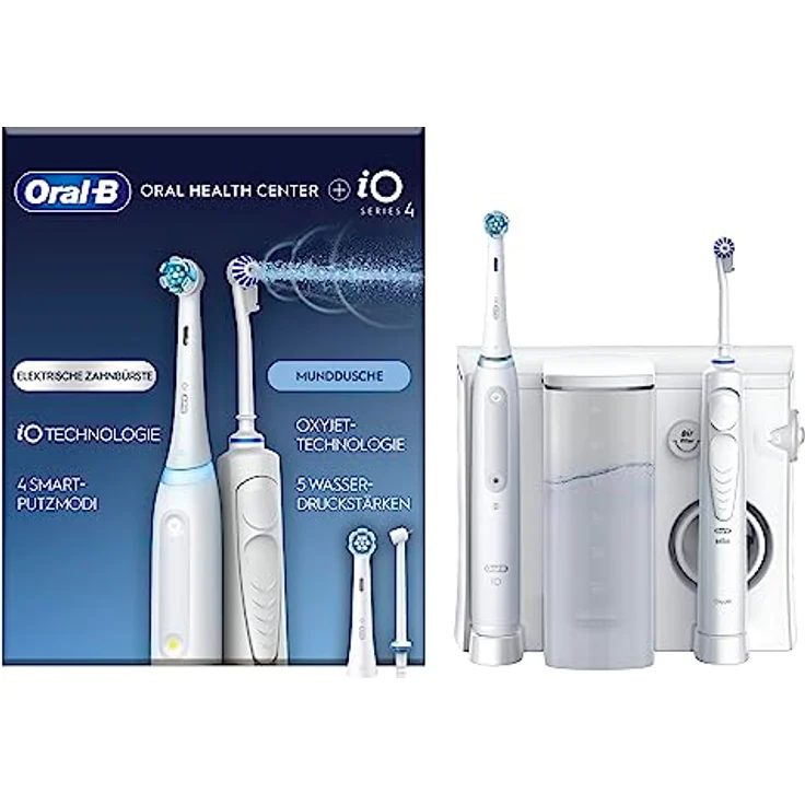 Oral-B iO Series 4 Elektrische Zahnbürste mit OxyJet Munddusche, 2 Aufsteckbürsten, 2 Ersatzdüsen, Set für Zahnreinigung und Zahnpflege, Geschenk Mann/Frau, Designed by Braun, weiß – Bild 1
