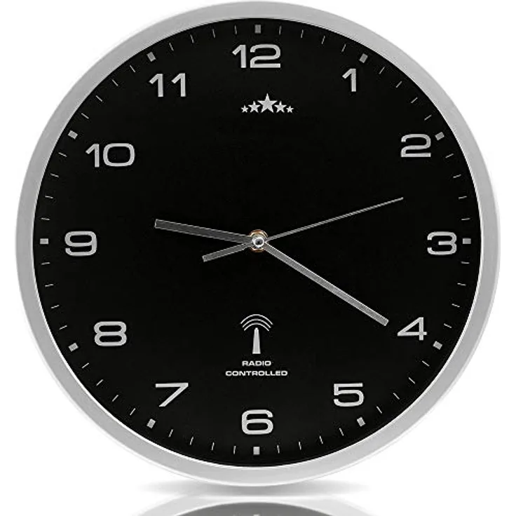 Monzana Wanduhr Funk Automatische Zeitumstellung Geräuscharm Quarzuhrwerk Analog 31 cm Indoor Funkuhr Uhr Schwarz Silber