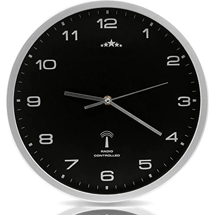 Monzana Wanduhr Funk Automatische Zeitumstellung Geräuscharm Quarzuhrwerk Analog 31 cm Indoor Funkuhr Uhr Schwarz Silber – Bild 1