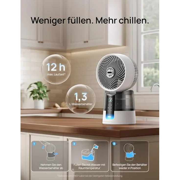 DREO TurboCool Nebelventilator 516S, Tischventilator mit 150° + 30° Oszillation, 7.9 m/s Leistung, 20 dB leise, App- & Fernbedienung, RGB, Weiß – Bild 4