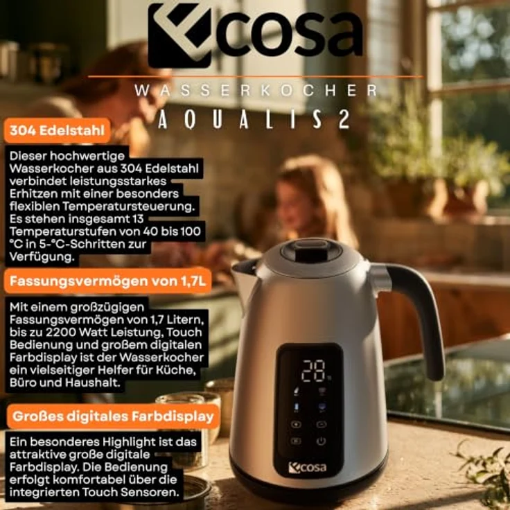 Ecosa Edelstahl Wasserkocher 1,7L mit Touch Display, 2200W, 13 Temperaturstufen 40–100 °C, Warmhaltefunktion und 360° Basis – Bild 2