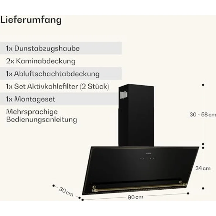 Klarstein Victoria Dunstabzugshaube 90 cm, 400 m³/h, A++, Touch-Bedienfeld, LED-Beleuchtung, Schwarz/Gold, Abluft & Umluft, Leise 52 dB – Bild 7