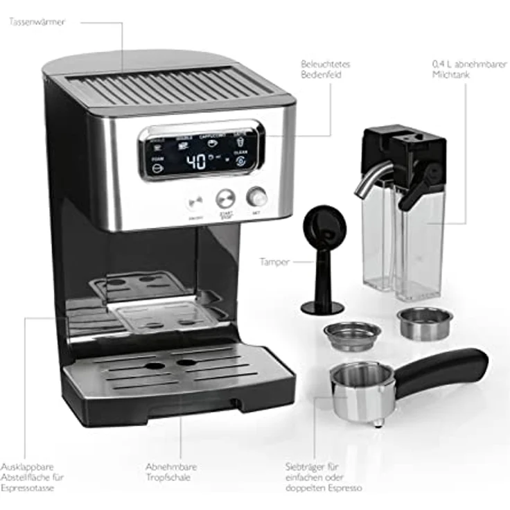 BEEM ESPRESSO-LATTE Siebträgermaschine -15 bar | Kaffeespezialitäten – wie vom Barista | Mit 0,4 L Milch- & 1,4 L Wassertank | Milchschaumkonsistenz individuell wählbar [Schwarz-Silber] – Bild 3