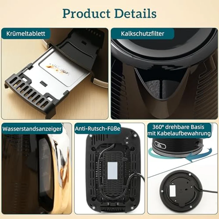 HOMCOM Toaster-Set mit Wasserkocher, 2200 W, 2-Schlitz-Toaster mit 7 Bräunungsstufen, Schwarz – Bild 9