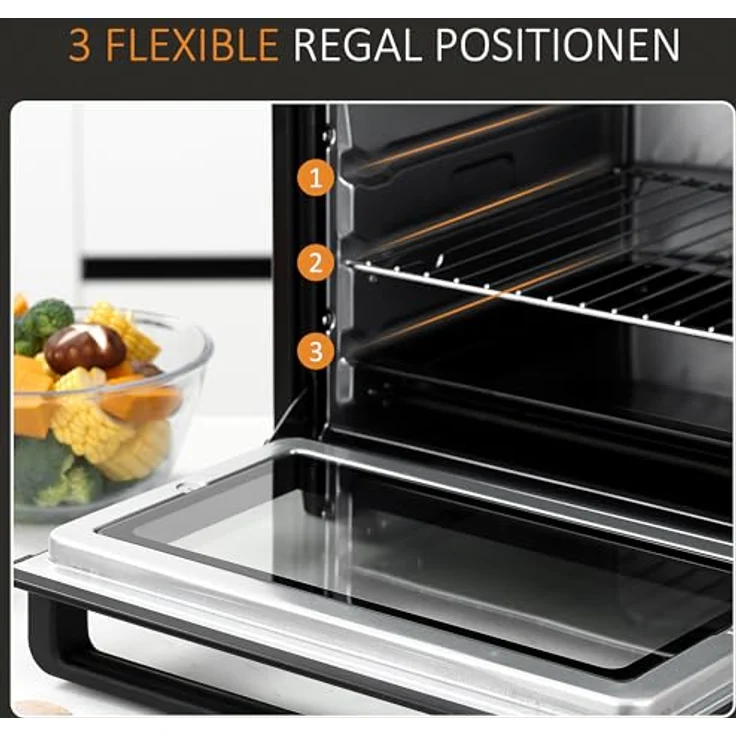 HOMCOM Mini Backofen 32L Mini Ofen mit Grillrost, Backblech, 3 Kochmodi 100 °C-230 °C einstellbare Temperatur Pizzaofen mit Timer Edelstahl Schwarz – Bild 4
