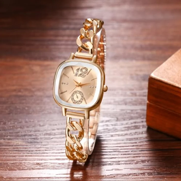 JewelryWe Kleine Quadratische Damenuhr, Glitzer Zirkonia, Analog Quarz, Rosegold mit Kubanischem Edelstahlarmband und Eckigem Zifferblatt – Bild 4