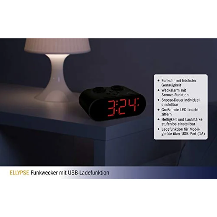 TFA Dostmann Ellypse Digitaler Funk-Wecker mit USB-Ladefunktion, LED-Leuchtziffern, schwarz, L 136 x B 85 x H 55 mm – Bild 4