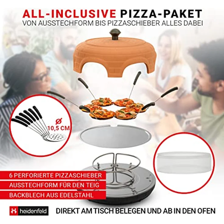 Heidenfeld Pizzaofen Pizzachef | Elektrischer Pizzaofen - 1100 Watt - Terracotta-Kuppel - Schnelle Backzeit - Raclette Backofen - Stahlplatte mit Pizzaschaufeln (Terracotta) - Preisvergleich – Bild 5
