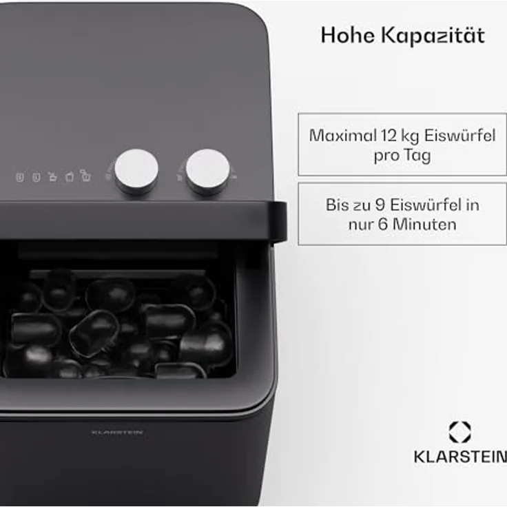 Klarstein IceCraft Eiswürfelmaschine - 12 kg/24 h, 6-Min.-Eiswürfel, 2 Größen, Automatische Reinigung, Eiswürfelbereiter für Küche & Bar, 150 W, Eiswürfelspender, Schwarz – Bild 2