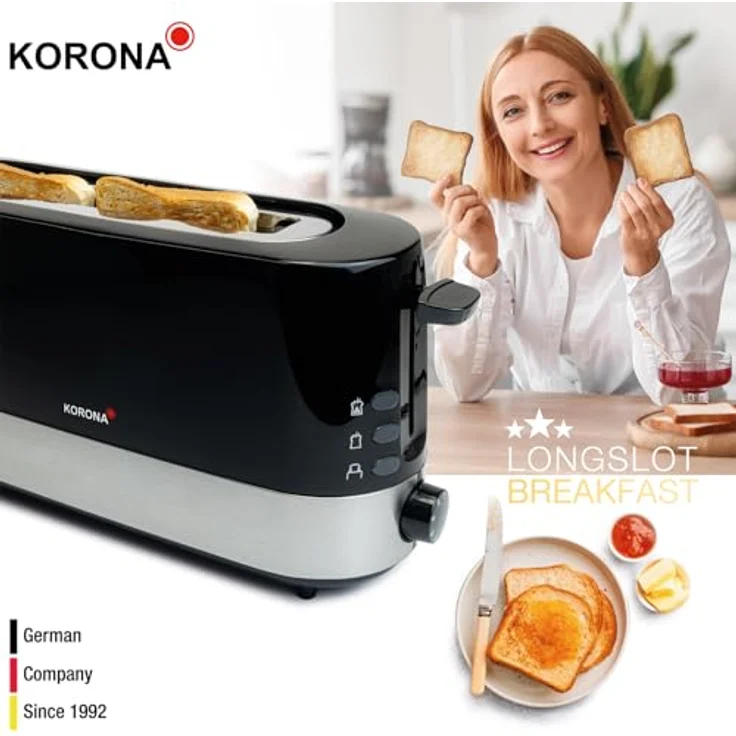 Korona 21305 Toaster 2 Scheiben | Langschlitz | stufenlos einstellbarer Röstgrad | Auftauen | Aufwärmen | 850 Watt | Brötchenaufsatz | Schwarz – Bild 3