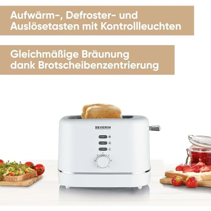 SEVERIN Automatik-Toaster, für 2 Scheiben, Brötchenaufsatz aus Edelstahl, Aufwärm- & Defrosterfunktion, einstellbarer Bräunungsgrad, Auto-Abschaltung, 850 W, weiß, KA 4324 – Bild 2