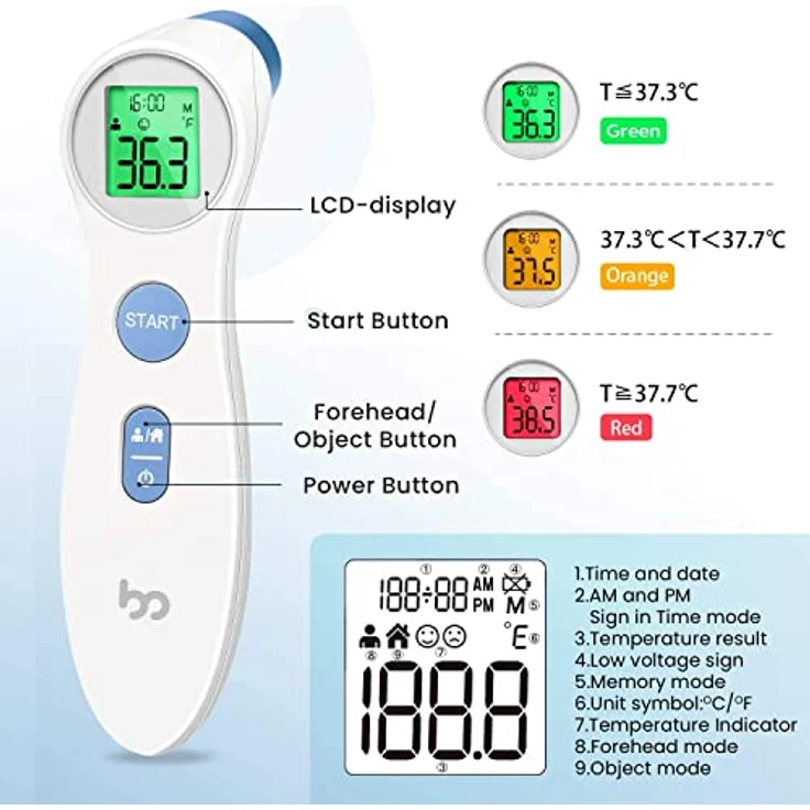 Fieberthermometer für Babys, Kinder und Erwachsene, kontaktloses Stirnthermometer Infrarot Thermometer mit sofortiger genauer Ablesung, Fieberalarm, Weiß, Digital – Bild 4