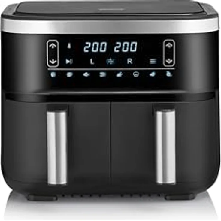 SEVERIN Doppel Heißluftfritteuse mit 2 x 3,8 L Garraum, XXL Heißluftfritteuse für gesundes Kochen, 8 Automatik-Programme, Fritteuse ohne Fett mit Dörrfunktion, 2850 W, schwarz/silber, FR 2453