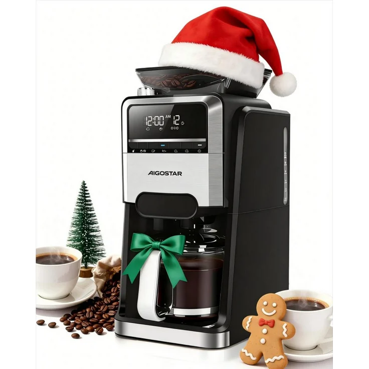 Aigostar Kaffeemaschine mit Mahlwerk 12 Tassen, Edelstahl, 7 Mahlgrade, 3 Brühstärken, 24H Timer, 1.5l Kaffeekanne, Warmhaltefunktion, Selbstreinigungsfunktion, intelligente Erinnerung
