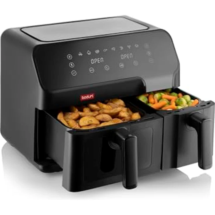 Bodum MELIOR Air Fryer L, 2 compartment 5.1 L & 3.2 L, 2700 W, Hot Air technology, Digital control panel, Dishwasher-safe, Black and Silver – Bild 2