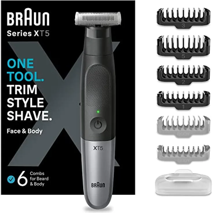 Braun Series X Barttrimmer/ Bodygroomer / Elektrorasierer Herren / Haarschneidemaschine Profi, 6 Aufsätze für Gesicht und Körper, 45 Min. kabellose Laufzeit, wasserdicht, Vatertagsgeschenk, XT5200