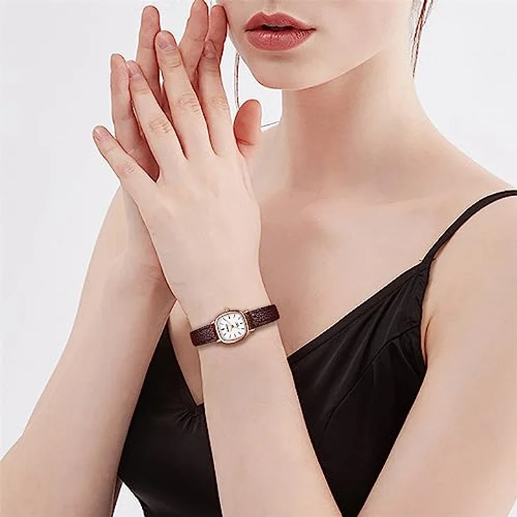JewelryWe Damenuhr Vintage Quadrat Analog Quarz mit Braun Leder Armband und Rosegold Gehäuse, Wasserdichte Armbanduhr für Frauen und Mädchen – Bild 2