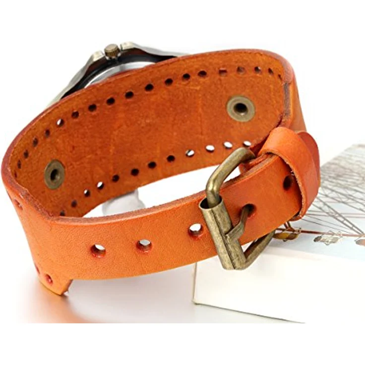 JewelryWe Damen Vintage Casual Analog Quarz Armbanduhr, Lederband, römische Ziffern, Zifferblatt orange, wasserdicht – Bild 3