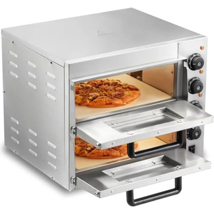 VEVOR Kommerzieller Pizzaofen Backofen 2-lagig 356 mm, elektrischer Pizzaofen aus Edelstahl mit vier Drehknöpfen, Mehrzweck-Pizzamaker Indoor, Silber – Bild 1