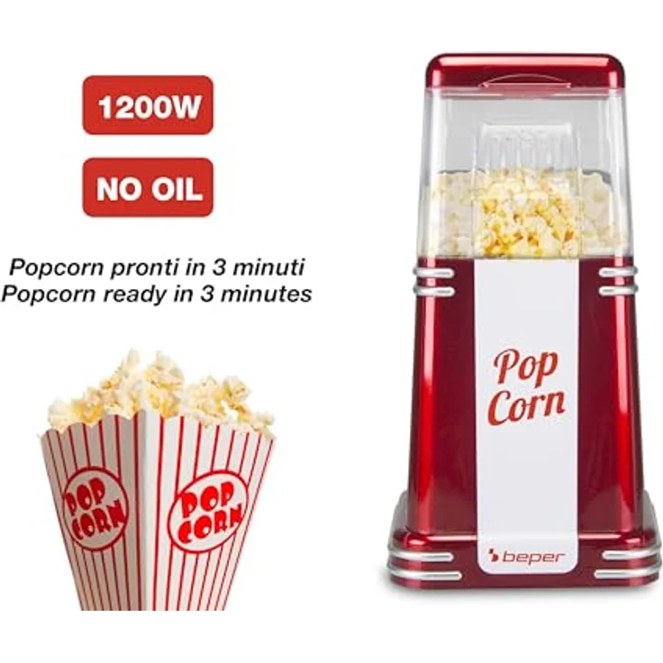 Beper Popcorn-Maschine, 3 Minuten Popcorn, fettfrei, Heißluftzirkulation, Leistung 1200 W Rot Energieeffizienzklasse B – Bild 3