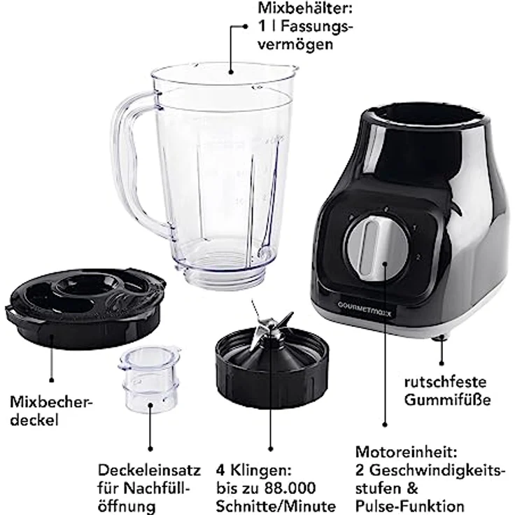GOURMETmaxx Standmixer & Smoothie Maker - mit 2 Stufen & Pulse-Funktion | Elektrischer Blender mit 1 L Mixbehälter & 4 Edelstahlklingen | Kompaktes Design mit rutschfesten Standfüßen [22.000 U/Min] – Bild 4