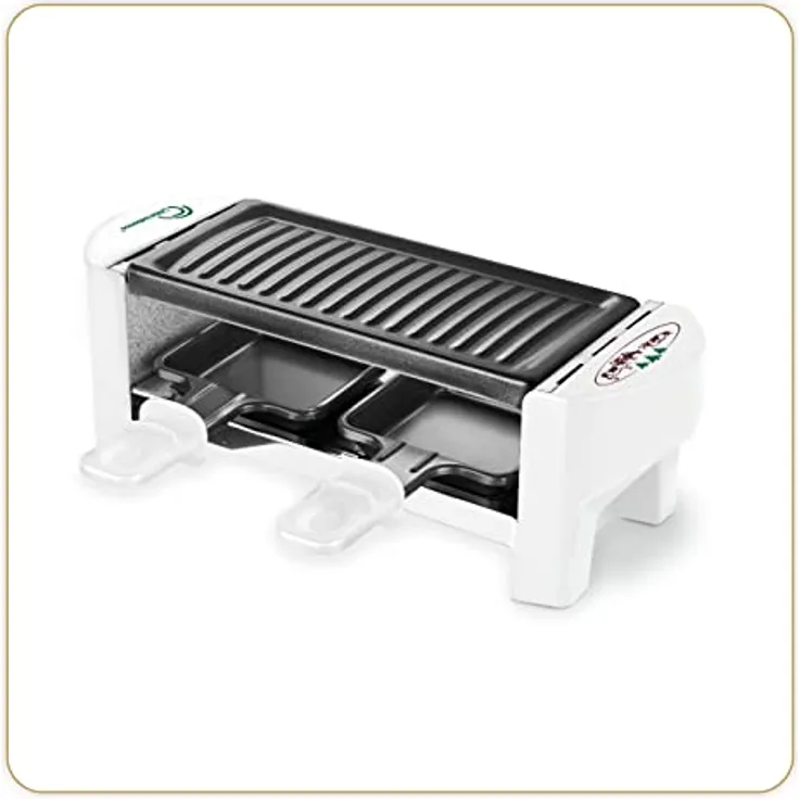 LITTLE BALANCE 8614 Raclette 2 Meuuh…, Raclettegerät für 1/2 Personen, abnehmbarer Grill, 2 Spatel + 2 Brettchen, Antihaftbeschichtung, 1 oder 2 Personen, 320 W, weiß
