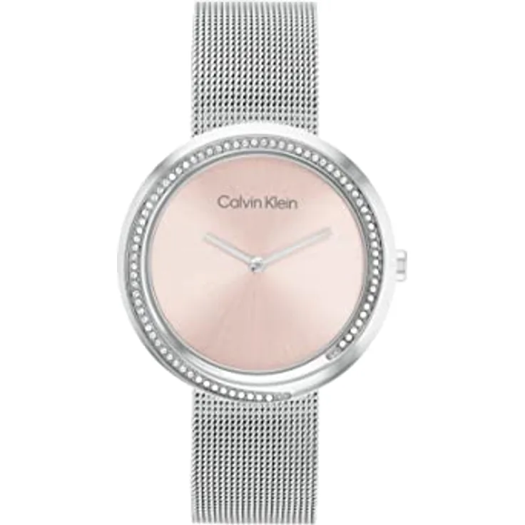Calvin Klein Analog Quarzuhr für Damen mit Silbernes Edelstahl-Mesh-Gliederarmband - 25200149, zartrosafarbenes Zifferblatt