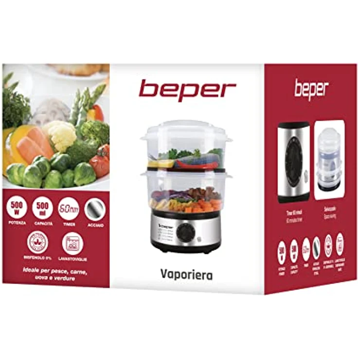 Beper 5 L Multifunktionaler Dampfgarer, Kompaktspeicher, 60-Minuten-Timer, Leistung 400-500 W, - Silber und Schwarz – Bild 13