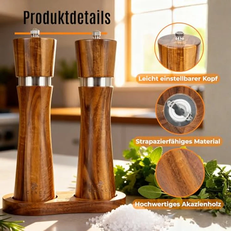 ECENCE Salz-/Pfeffermühle Holz 2er Set aus Akazienholz, Gewürzmühle mit Keramikmahlwerk und Untersetzer – Bild 4