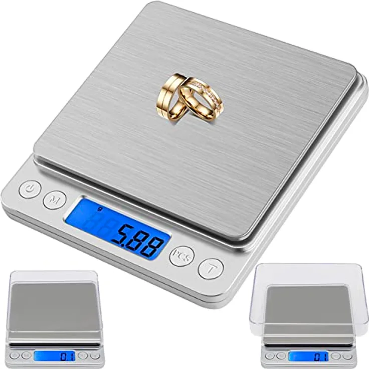Ruhhy Küchenwaage Präzisionswaage 500 g / 0,01 g, Digitalwaage mit blau hinterleuchtetem LCD, 4-tlg. Set