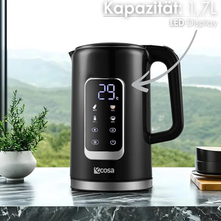 ecosa Wasserkocher Edelstahl mit Temperatureinstellung 1,7 Liter 2200 Watt Teekocher LED Display Warmhaltefunktion Water Kettle (Silk Schwarz) – Bild 2