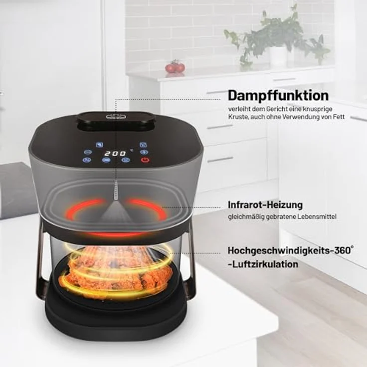 Lauben Glass&Steam Heißluftfritteuse 4500BG Air Fryer mit Glasfrittierkorb, Dampffunktion, 8 Programme, manuelle Zeit- und Temperatureinstellung, spülmaschinenfester Korb, Behältervolumen 4,5l – Bild 3