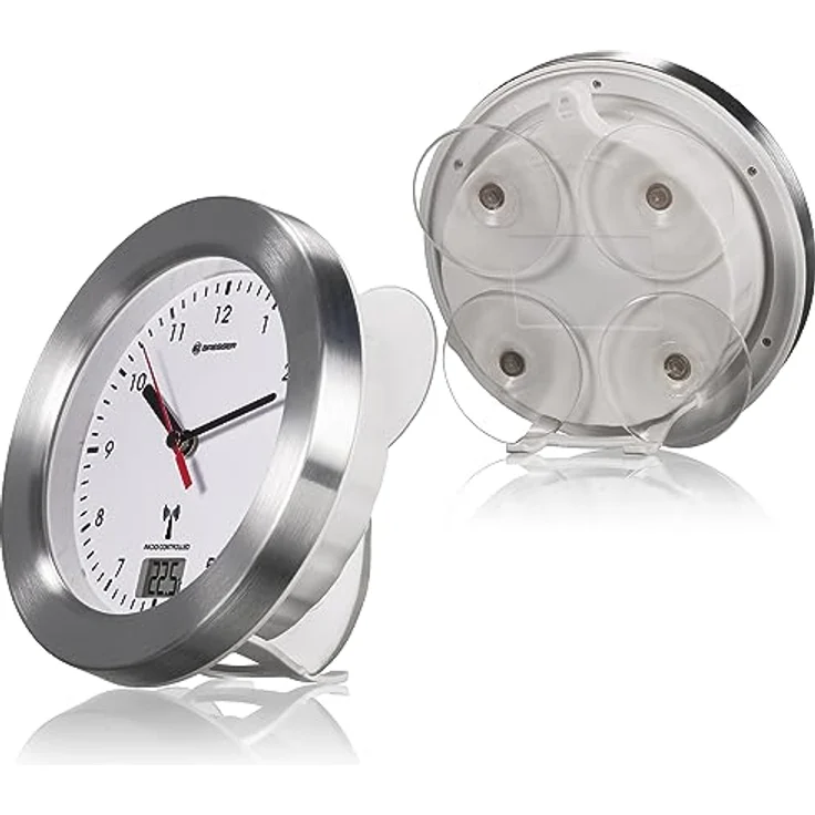 Bresser 8020114 Bad Wanduhr MyTime Bath mit Temperaturanzeige und Funkuhr mit gebürstetem Aluminiumrahmen, Saugnäpfen und Standfuß für Tischmontage, Weiß – Bild 2