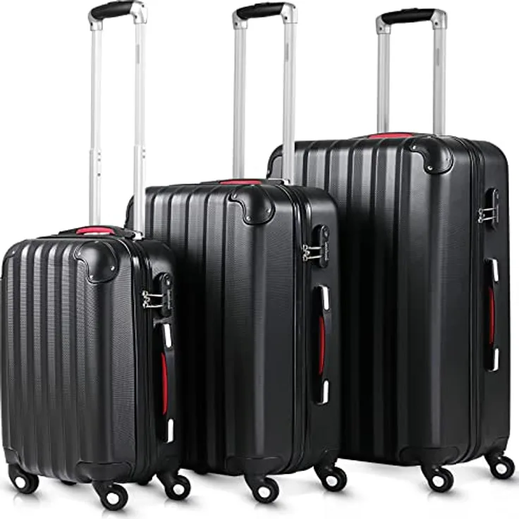 Monzana® 3tlg. Kofferset Baseline Hartschalen Koffer M-L-XL Gel-Griffe 4 Rollen Kantenschutz Schloss Standfüße Trolley Rollkoffer Reisekoffer schwarz