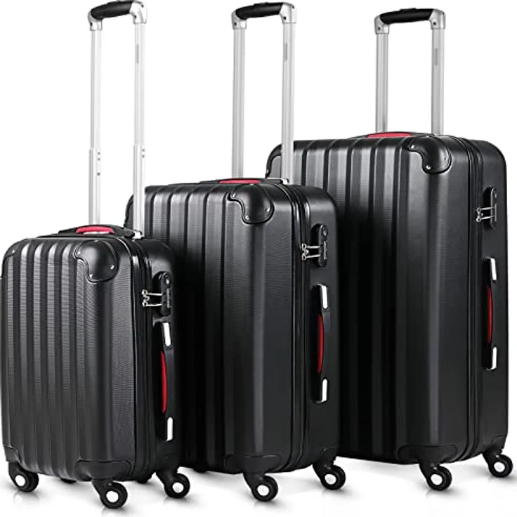 Monzana® 3tlg. Kofferset Baseline Hartschalen Koffer M-L-XL Gel-Griffe 4 Rollen Kantenschutz Schloss Standfüße Trolley Rollkoffer Reisekoffer schwarz – Bild 1