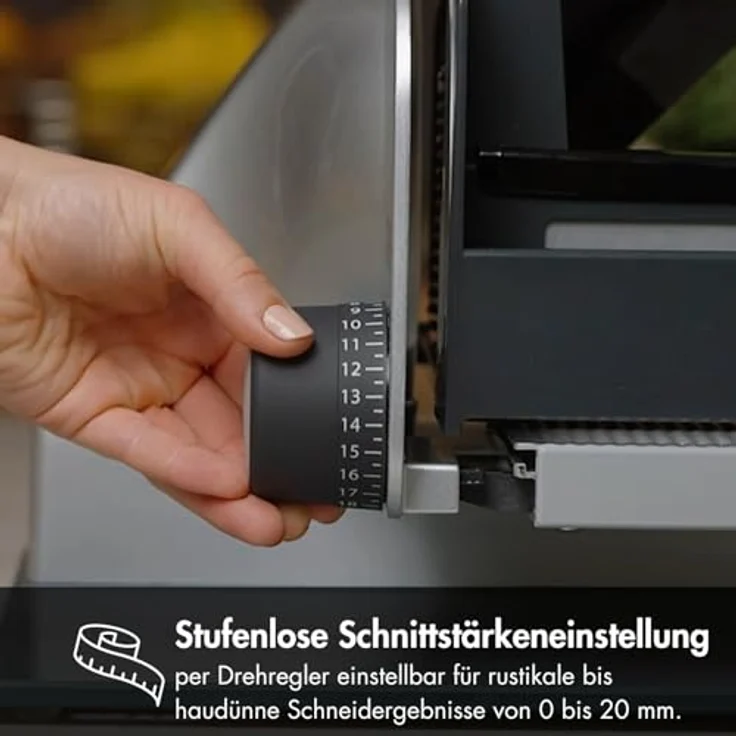 Graef M20EU Allesschneider 170W, inkl. MiniSlice-Aufsatz, Moment- und Dauerschalter, 170 mm, glattes, durchgehärtetes Vollstahlmesser, 20 mm Schnittstärke, Edelstahl, silber  – Bild 6