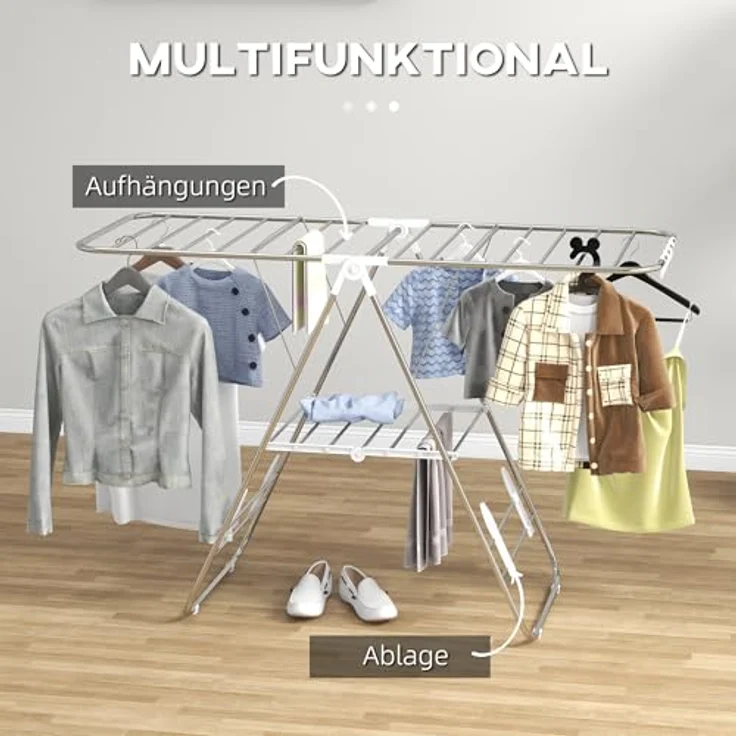 HOMCOM faltbarer Wäscheständer, tragbarer Flügelwäschetrockner, Edelstahl, Kunststoff, Silber, Weiß, – Bild 3