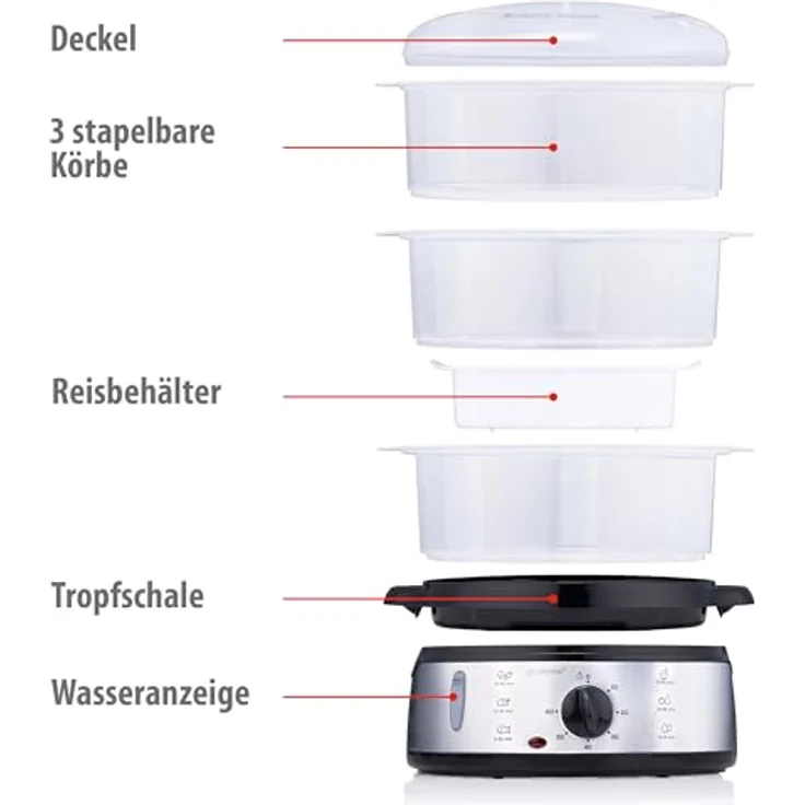 alpina Dampfgarer Elektrisch 800W, 3 Schicht BPA-frei, Reiskocher mit 9L Fassungsvermögen, grau, spülmaschinenfest, einstellbar von 0 bis 60 Minuten – Bild 2