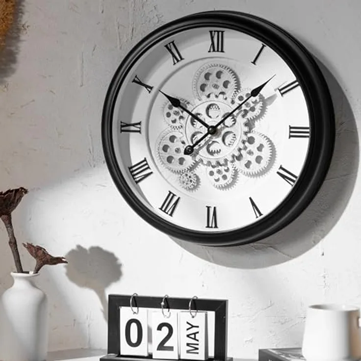 K&L Wall Art 40cm große industrielle Zahnrad Wanduhr Steampunk Wohnzimmeruhr Vintage Metalloptik (minimalistisch schwarz-weiß)