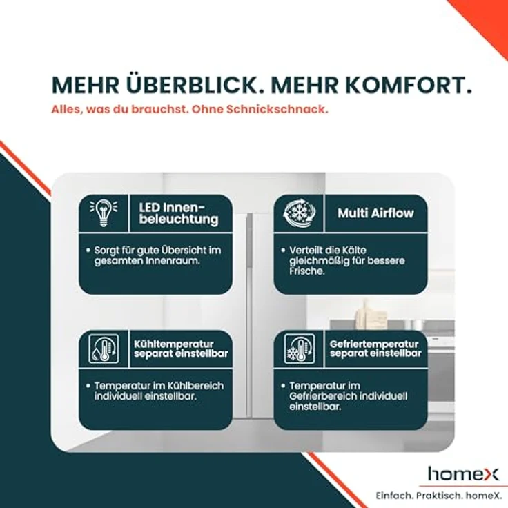 homeX CFBSN5441C-S Side by Side Kühlschrank, Kühl-Gefrier-Kombination 544 Liter, No Frost, Multi Airflow, leise 37 dB, silber – Bild 8