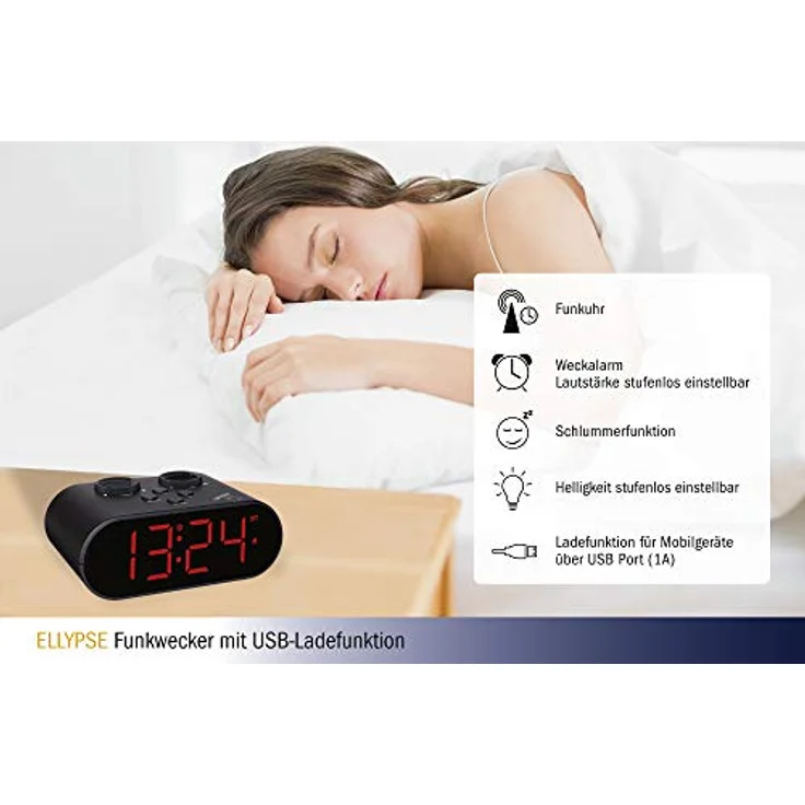 TFA Dostmann Ellypse Digitaler Funk-Wecker mit USB-Ladefunktion, LED-Leuchtziffern, schwarz, L 136 x B 85 x H 55 mm – Bild 3