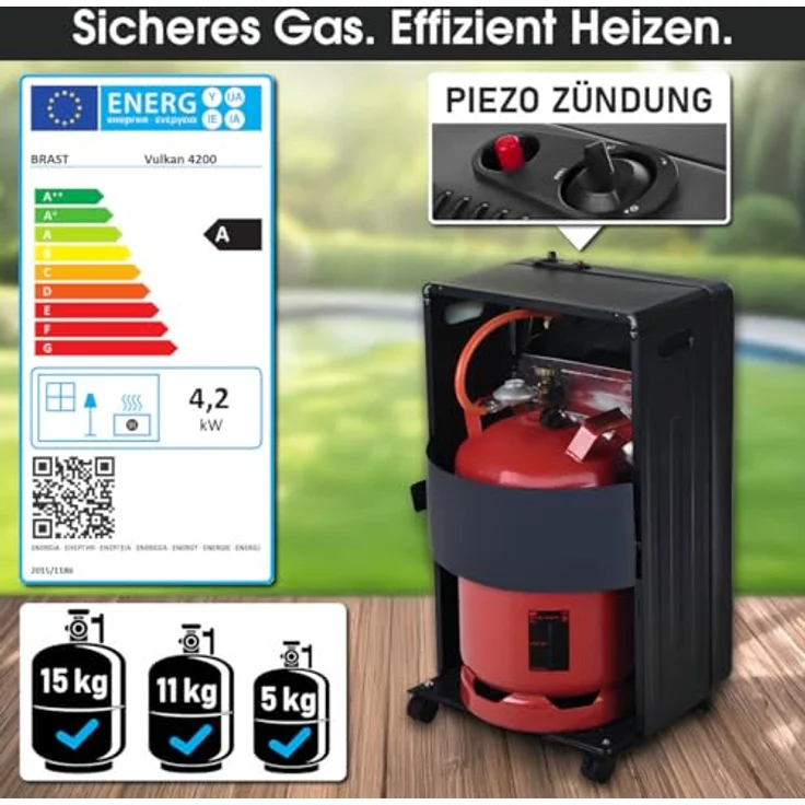 BRAST Gasheizer Keramik Vulkan, 4200W mobile Gasheizung mit 3 Heizstufen, Schutzhülle, Druckminderer, klappbar für Gasflaschen bis 15kg – Bild 3