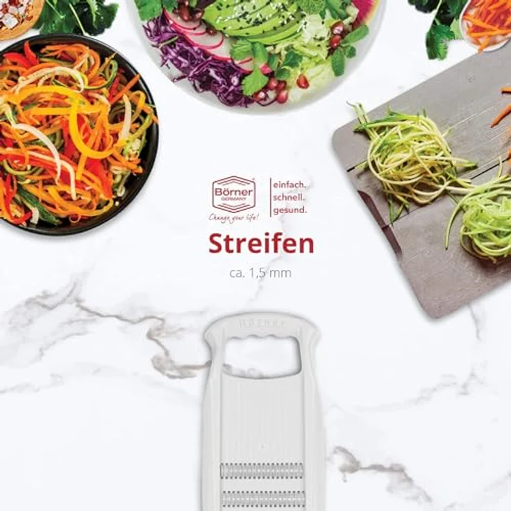 Börner Gemüseschneider Roko PowerLine, Rohkostschneider & Julienneschneider, robuste Reibe ohne Weichmacher und BPA, für feine Julienne-Streifen – Bild 2
