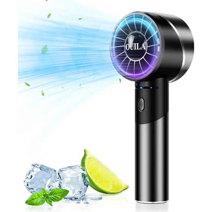 OUILA Handventilator, Mini Ventilator 2600mAh, USB aufladbar, Metallwerkstoff, 4 Geschwindigkeiten bis 7000rpm, 16 Std. Betriebszeit, tragbar, Schwarz