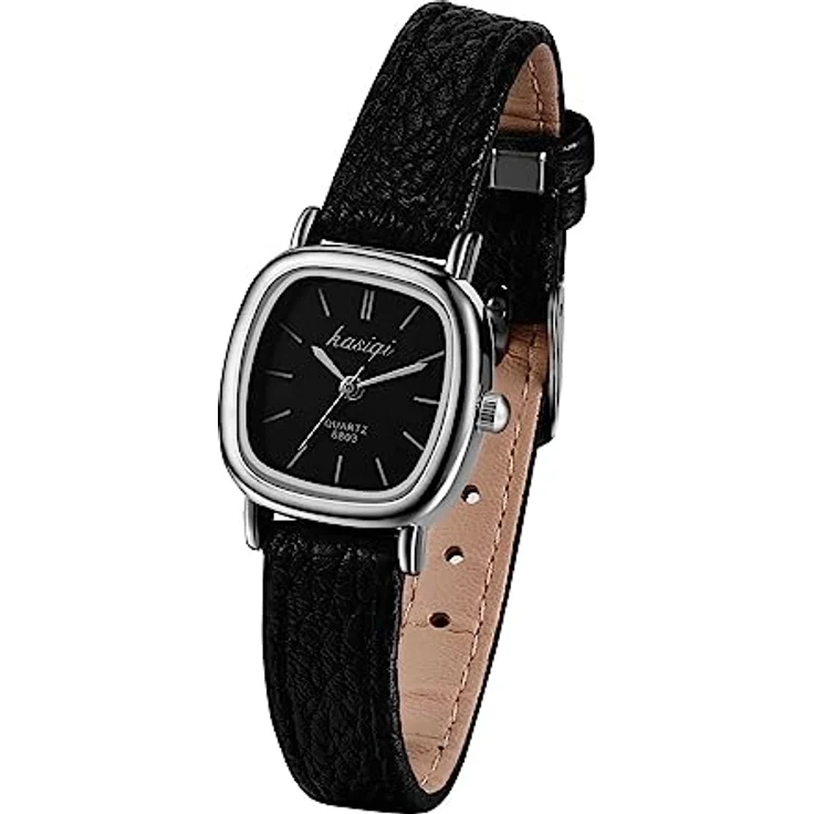 JewelryWe Vintage Quadrat Damenuhr - Analog Quarz Armbanduhr mit schwarzem Lederarmband und silbernem quadratischem Gehäuse – Bild 1