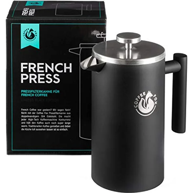 French Press Kaffeekanne aus doppelwandigem Edelstahl Schwarze Pressfilterkanne Französische Kaffeepresse